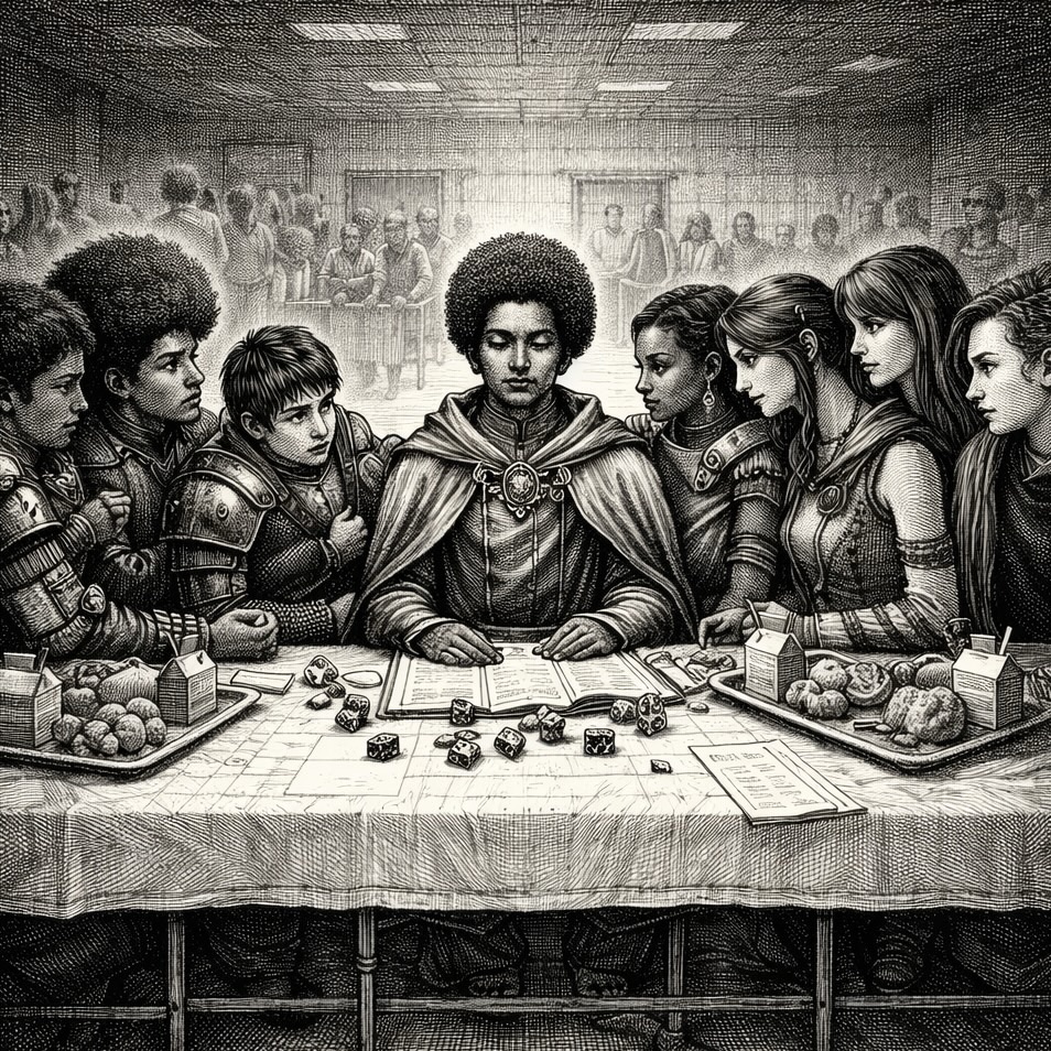 Woodcut-style illustration of teenage boys and girls gathered around a lunch table playing Dungeons and Dragons