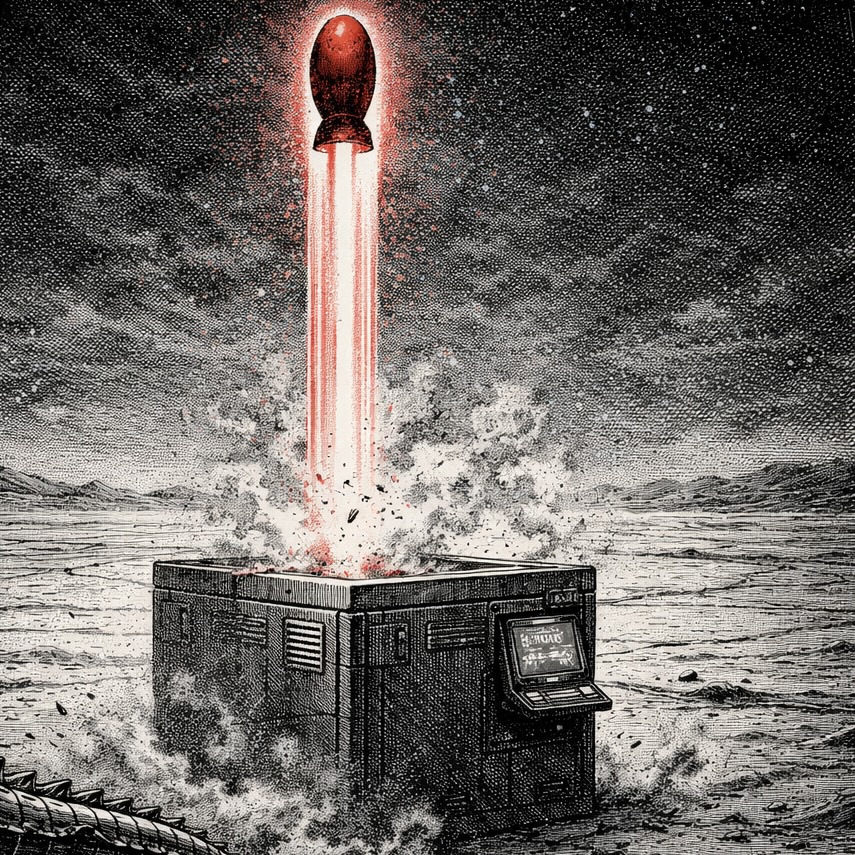 Woodcut-style illustration of an alien machine