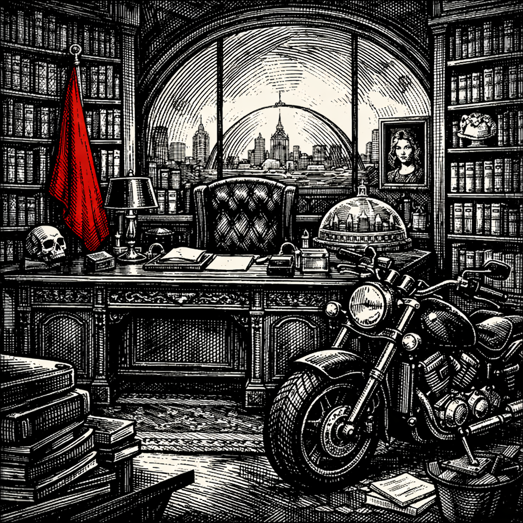 Woodcut-style illustration of President Taryn's massive mahogany desk in the capital of Ultima,