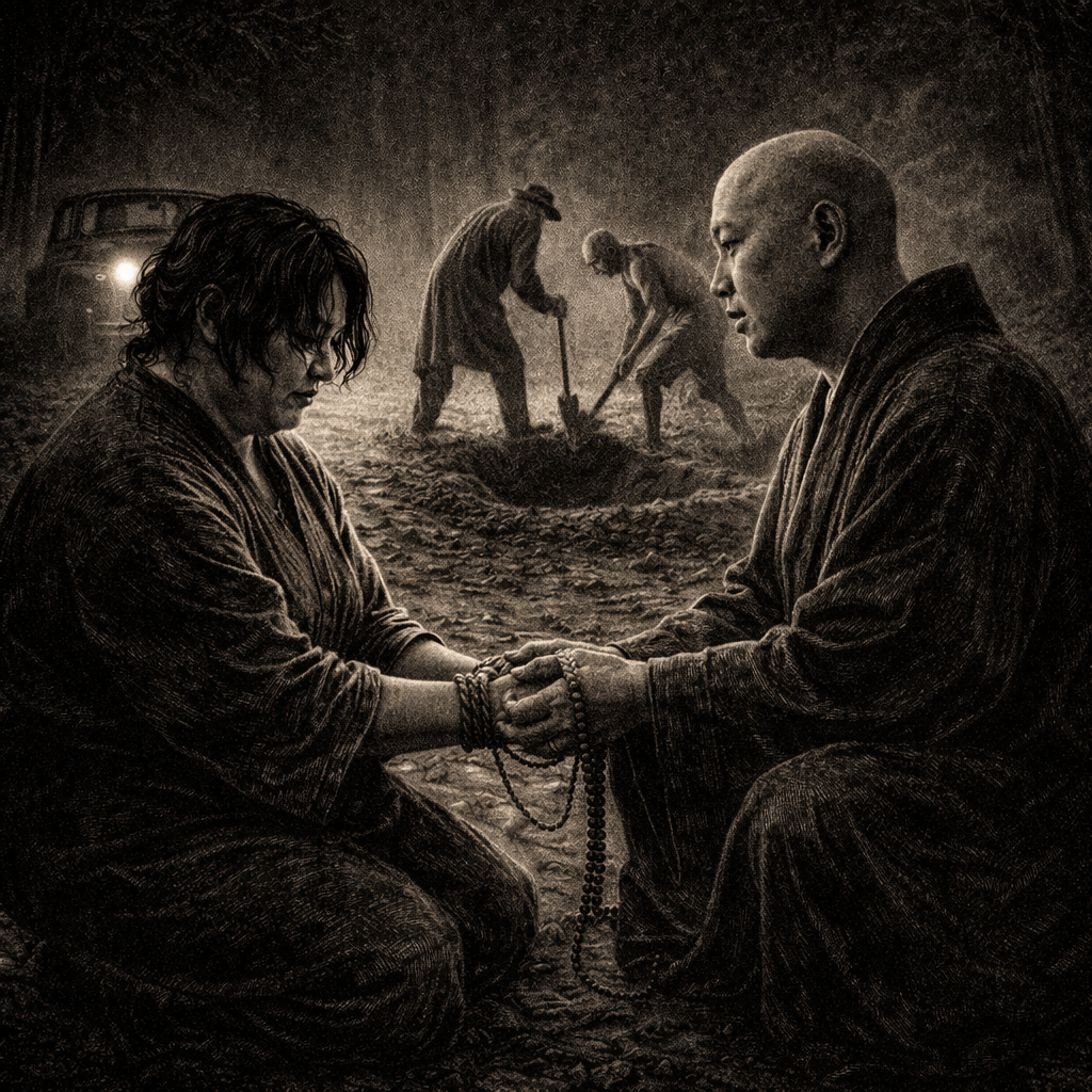 Woodcut-style illustration of Mei cutting her bonds with a priest’s knife while two young gangsters dig a grave in the background