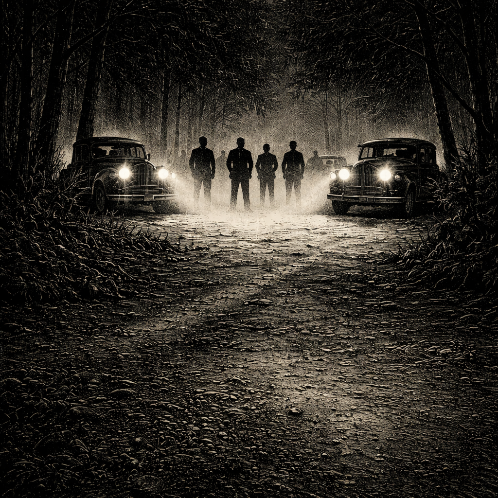 Woodcut-style illustration of four cars parked beside a dirt road in a forest clearing near a river — a burial ground