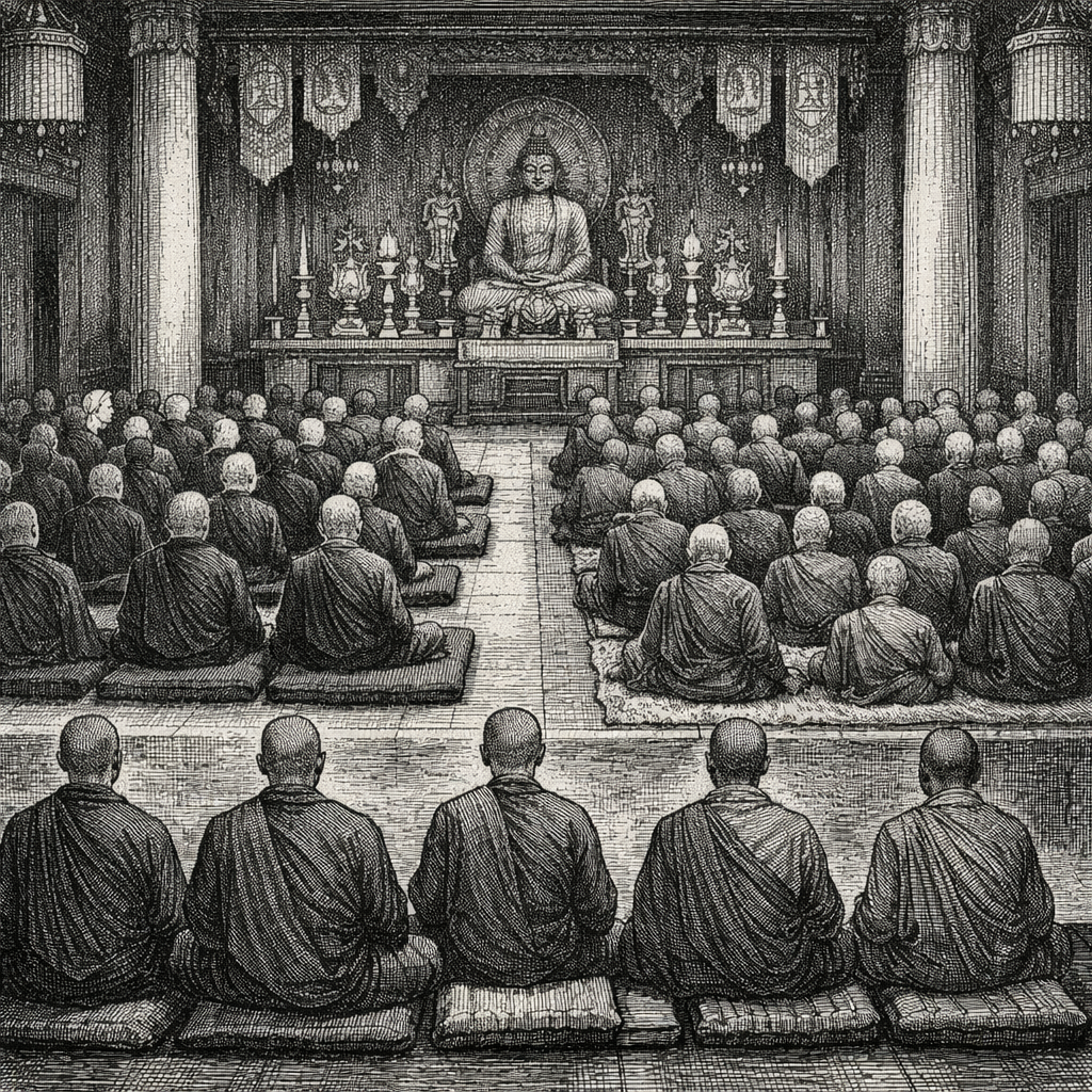 Woodcut-style illustration of Sister Ruth in a Buddhist
monastery, contemplating questions of gender and divinity