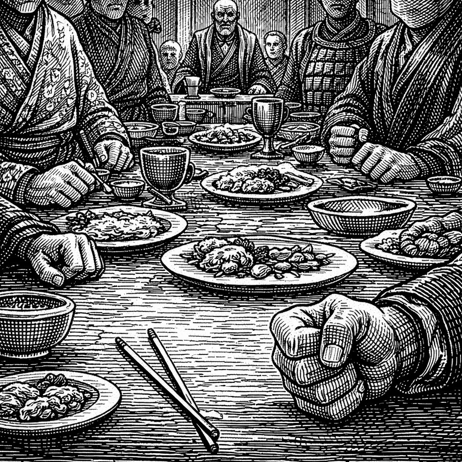 Woodcut style illustration of Captain Sonjun Lubaba at the head of his table, surrounded by workers and family