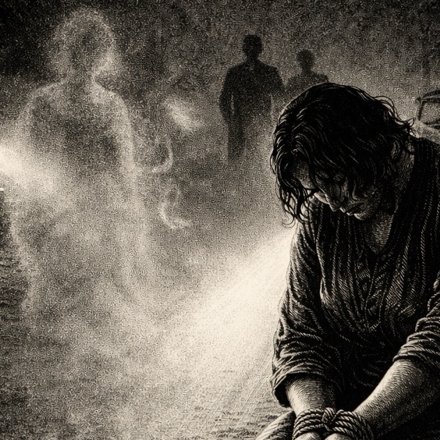 Woodcut-style illustration of a ghost woman standing between a gangster and a kneeling prisoner, unseen by the living