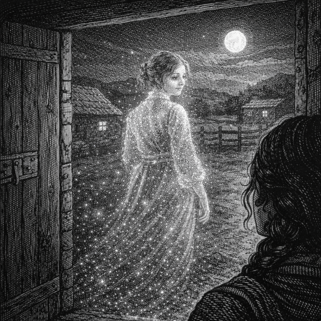 Woodcut-style illustration of a spectral glow fading through the window