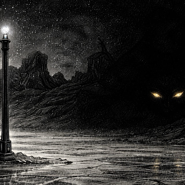 Woodcut-style illustration of an alien being hunted by an alien