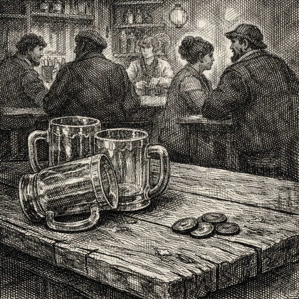 Woodcut-style illustration of a barroom in the walled city of Kabe Ichi