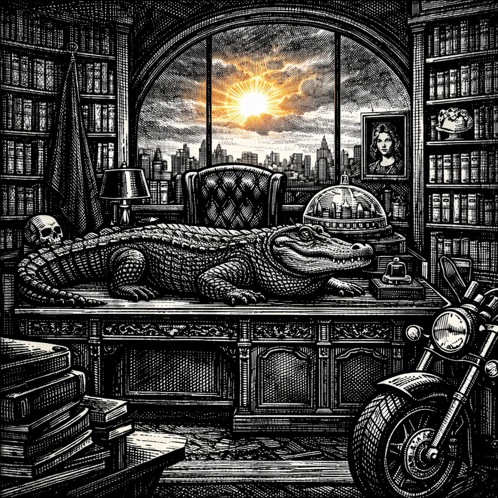 Woodcut-style illustration of President Taryn's desk and a massive alligator