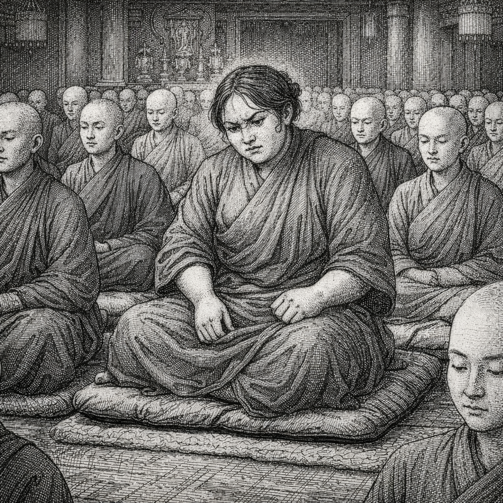 Woodcut-style illustration of Sister Ruth in a Buddhist
nunnery, contemplating questions of gender and divinity