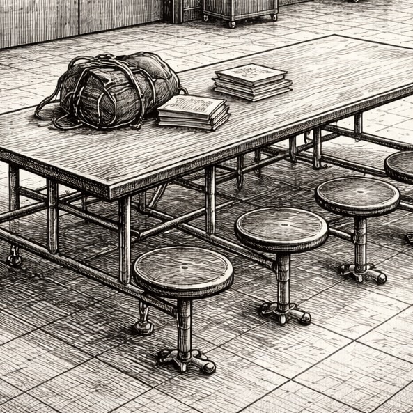 Woodcut-style illustration of a cafeteria lunch table with books at the High School of Art and Design