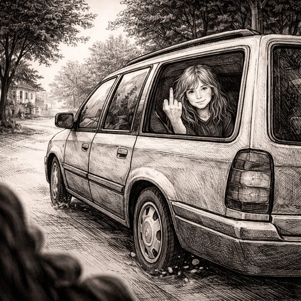 Woodcut-style illustration of a girl giving the middle finger through a station wagon window as her family drives away