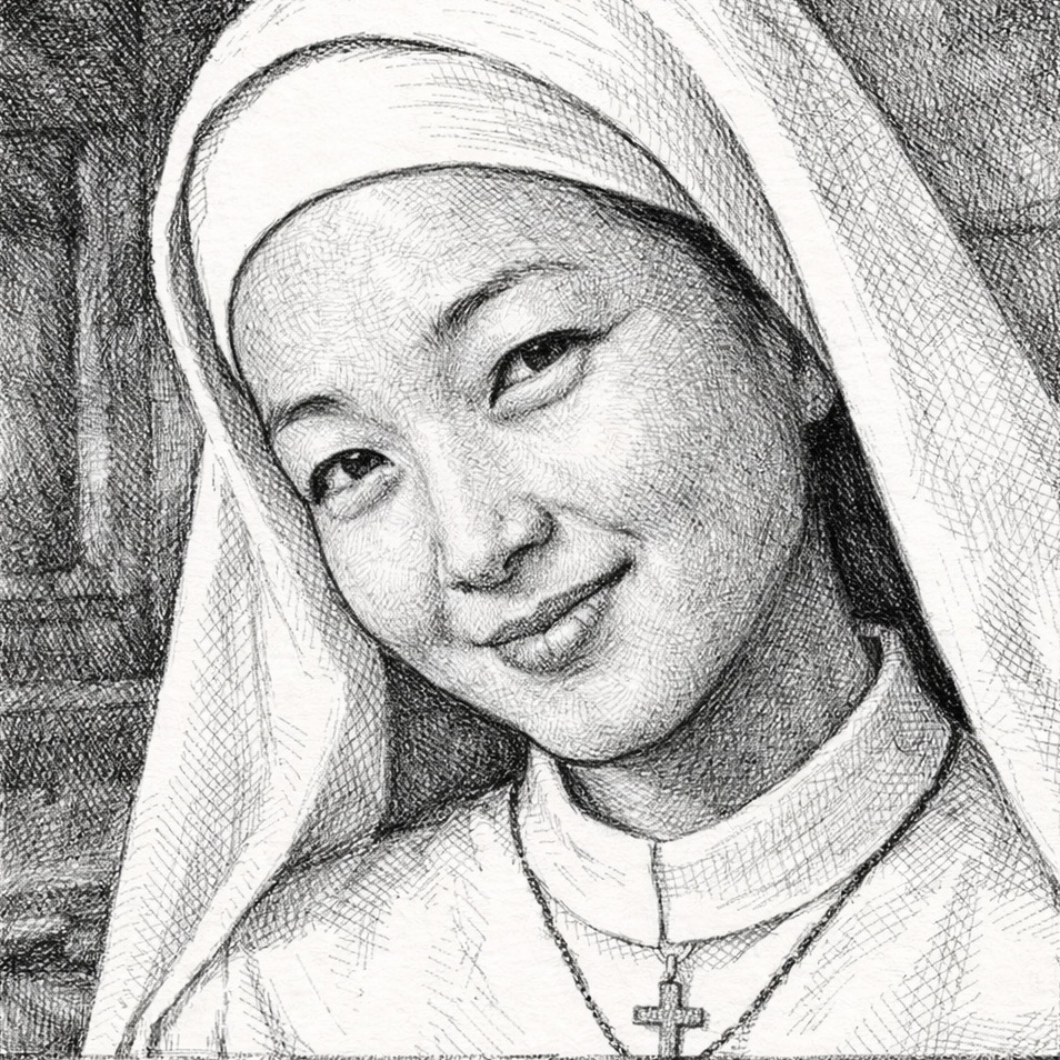 Woodcut-style illustration of novice nun