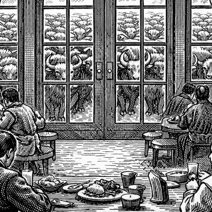Woodcut style illustration of yaks gathering outside the window