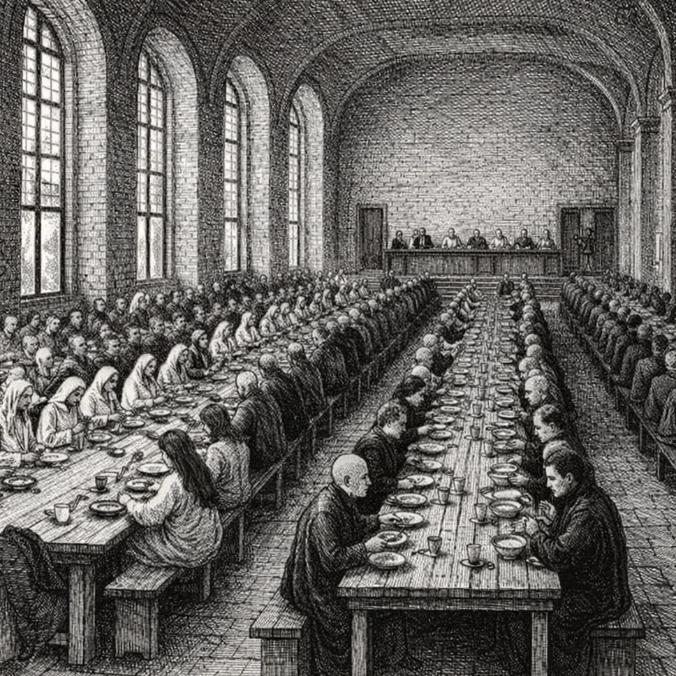 Woodcut-style illustration of novice monks and nuns in the dining hall