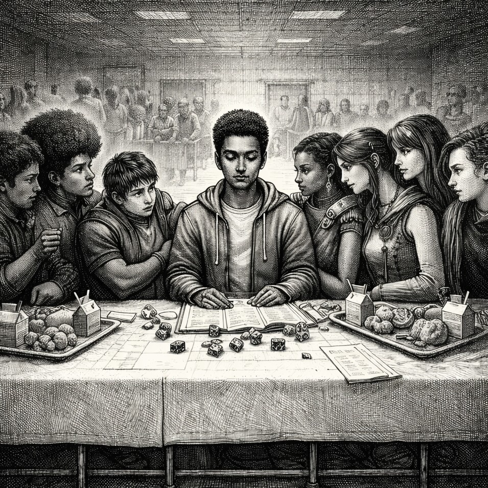 Woodcut-style illustration of teenage boys and girls gathered around a lunch table playing Dungeons and Dragons