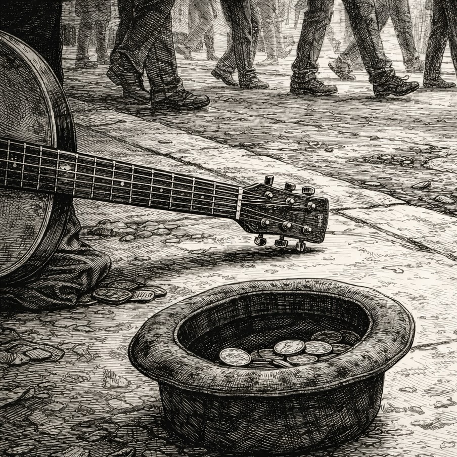 Woodcut-style illustration of Brother Rook's acoustic guitar