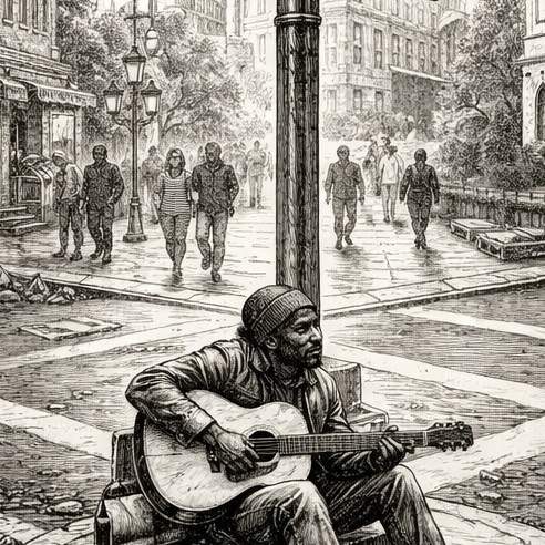 Woodcut-style illustration of Brother Rook playing acoustic guitar on a Lower East Side stoop, surrounded by street life