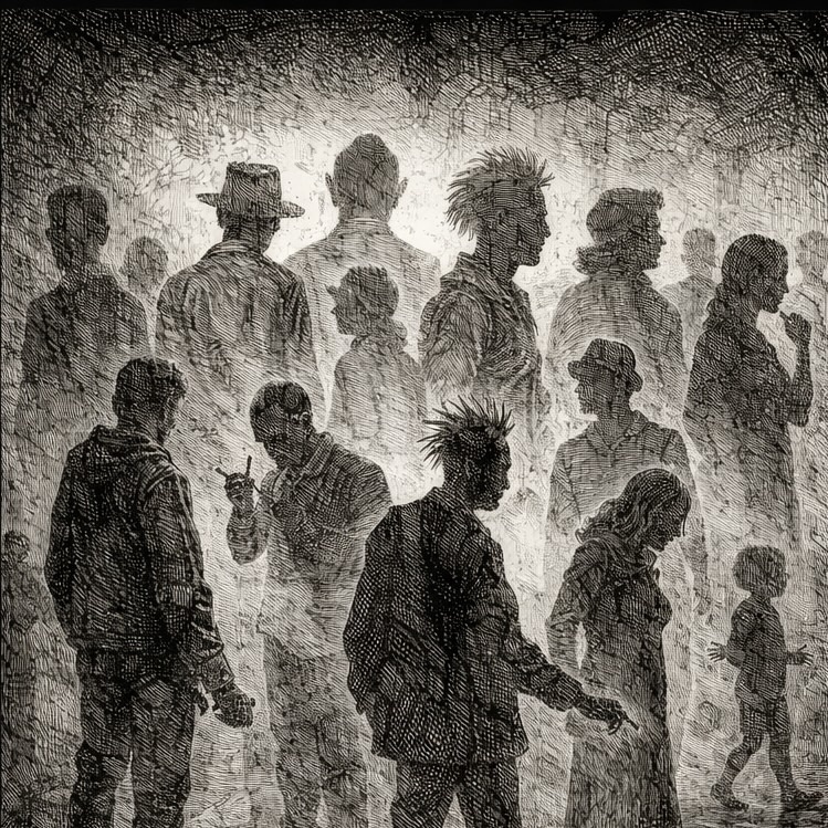 Woodcut-style illustration of shadowy figures and street musicians