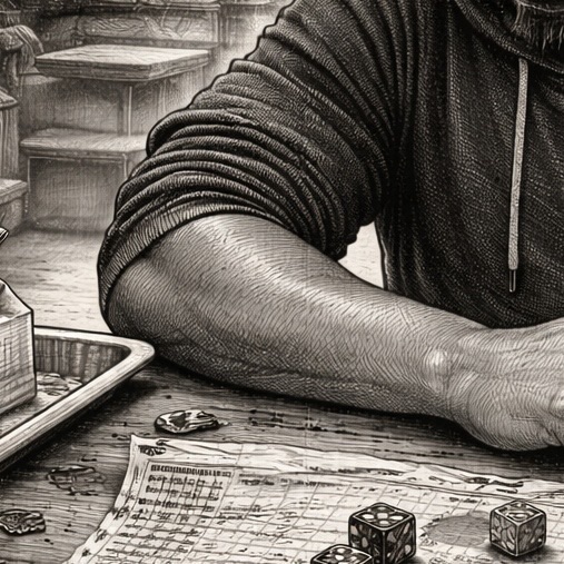 Woodcut-style illustration of a teenage boy at a cafeteria lunch table with dice and character sheets — D&D at
the High School of Art and Design