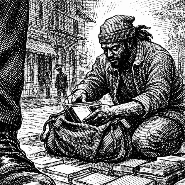 Woodcut-style illustration of Brother Rook selling books on a New York City street corner