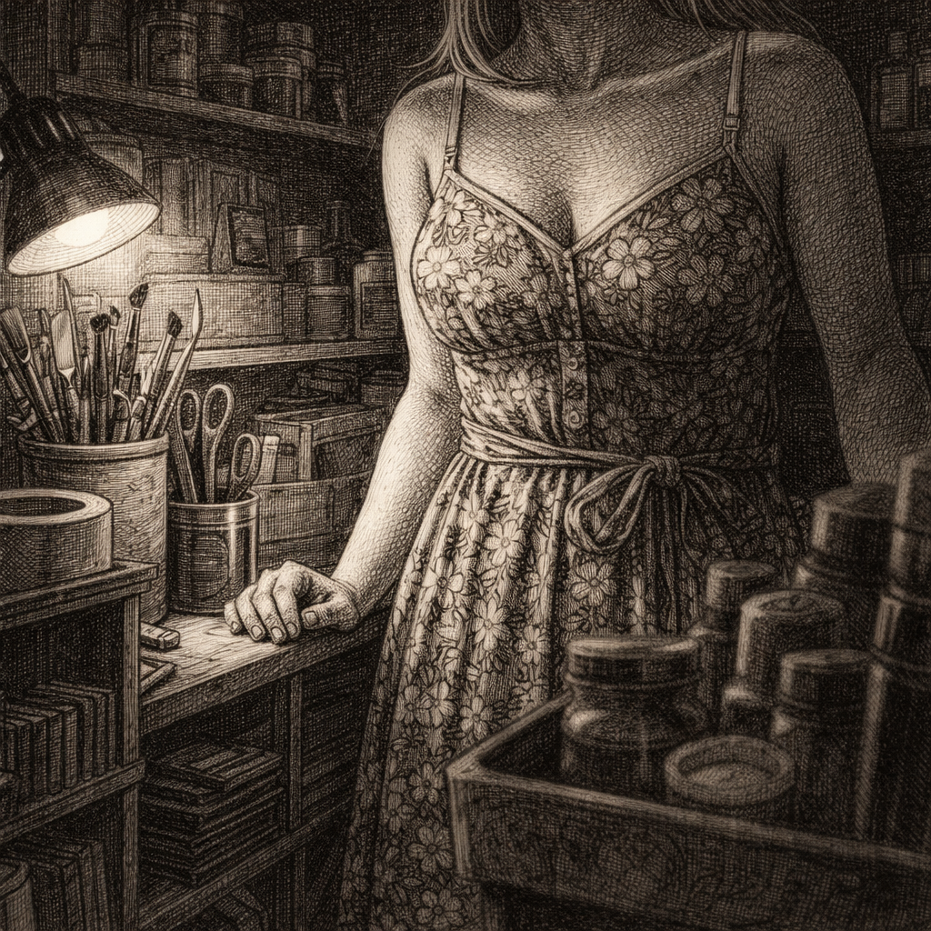 Woodcut-style illustration of a young teacher in a rural
Woodstock, New York elementary school