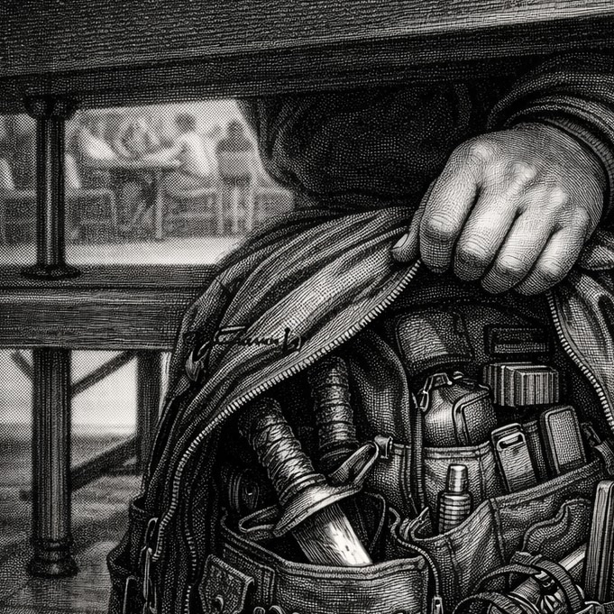 Woodcut-style illustration of the D&D group mid-
game at their lunch table