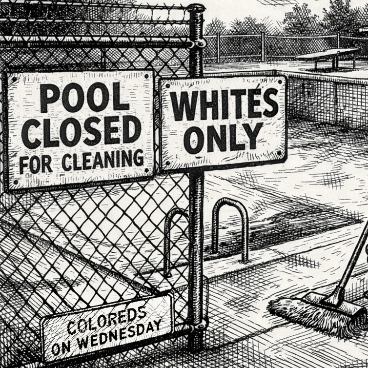 Woodcut-style illustration of a segregated pool closed because of racism