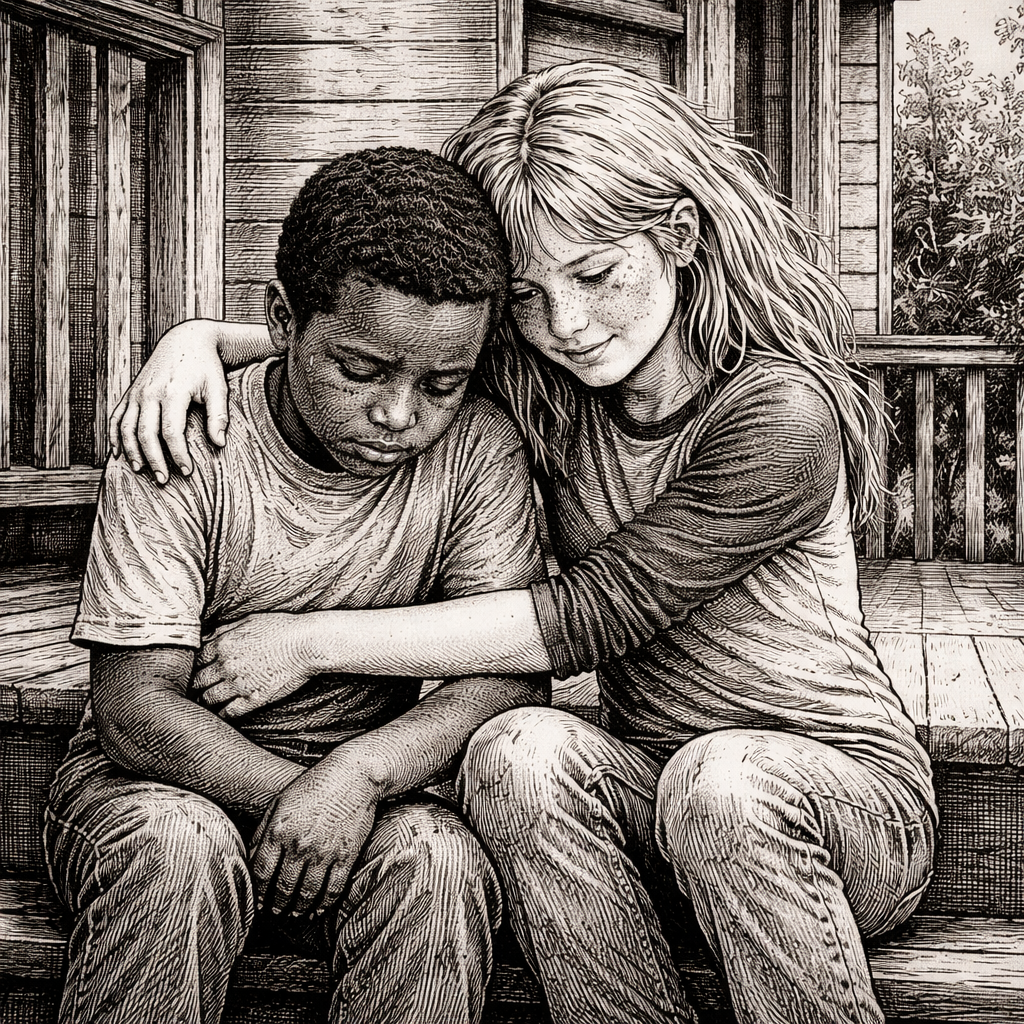 Woodcut-style illustration of a faded yellow house with a side porch in upstate New York, a boy and a girl sitting on the steps