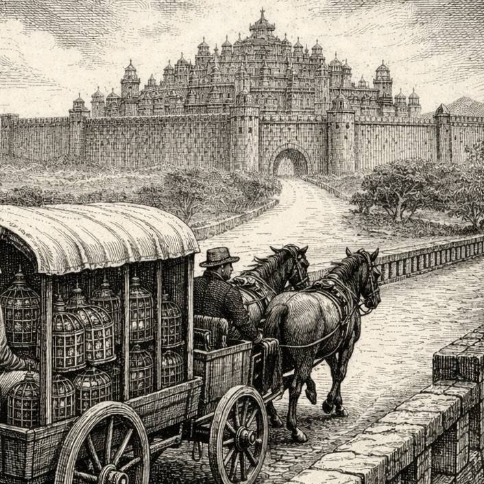 Woodcut-style illustration of Mei Lubaba on in a carriage
riding toward the walled city of Kabe Ichi
