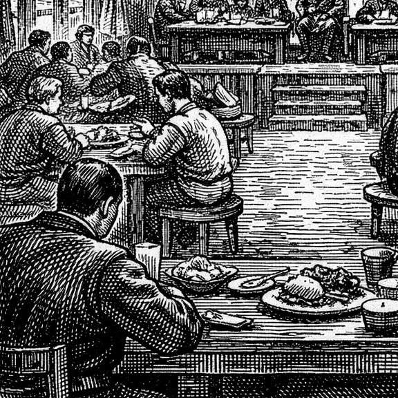 Woodcut style illustration of a great hall dinner tables as yaks gather outside