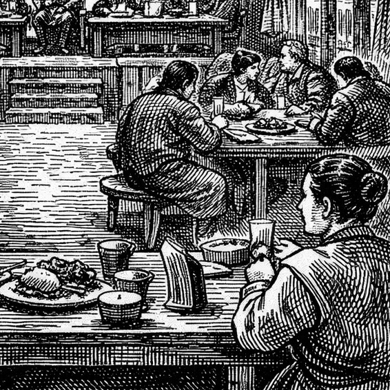 Woodcut style illustration of a great hall dinner tables as yaks gather outside