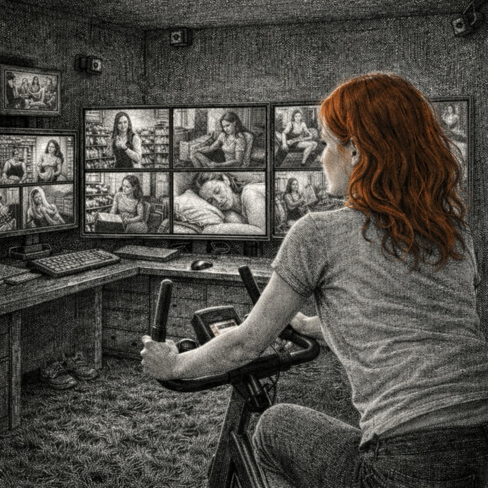 Woodcut-style illustration of Rachel47 in her apartment, surveillance cameras visible on the walls, the Unyielding Static watching