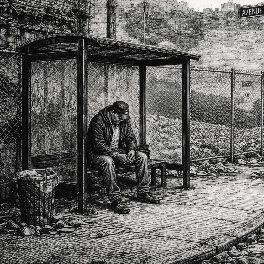 Woodcut-style illustration of a 1990s New York City Slum