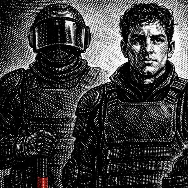 Woodcut-style illustration of clone Soldiers in black riot gear 