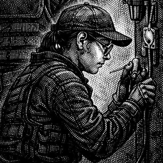 Woodcut-style illustration of a technician pulling a living camera from a wall in Rachel47’s apartment.