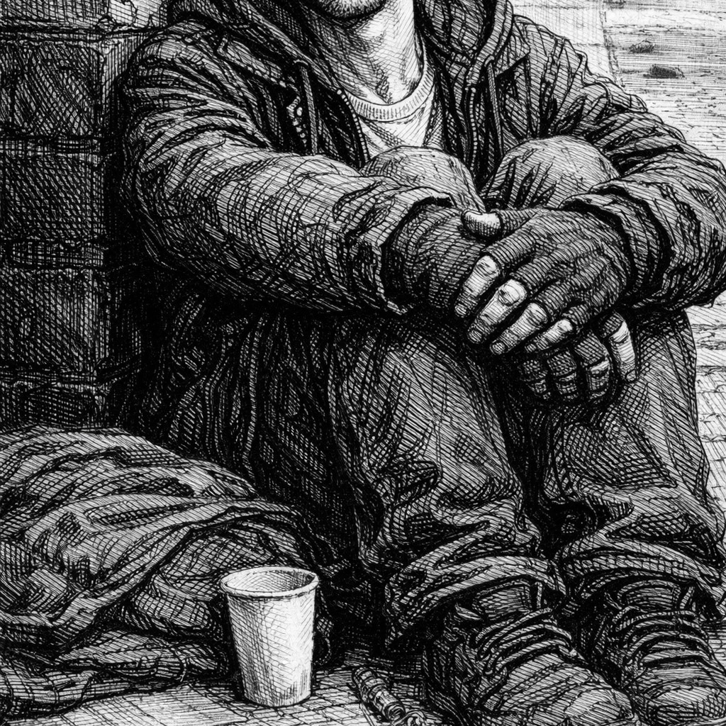 Woodcut-style illustration of a 1990s New York City homeless, crusties and punk squatters