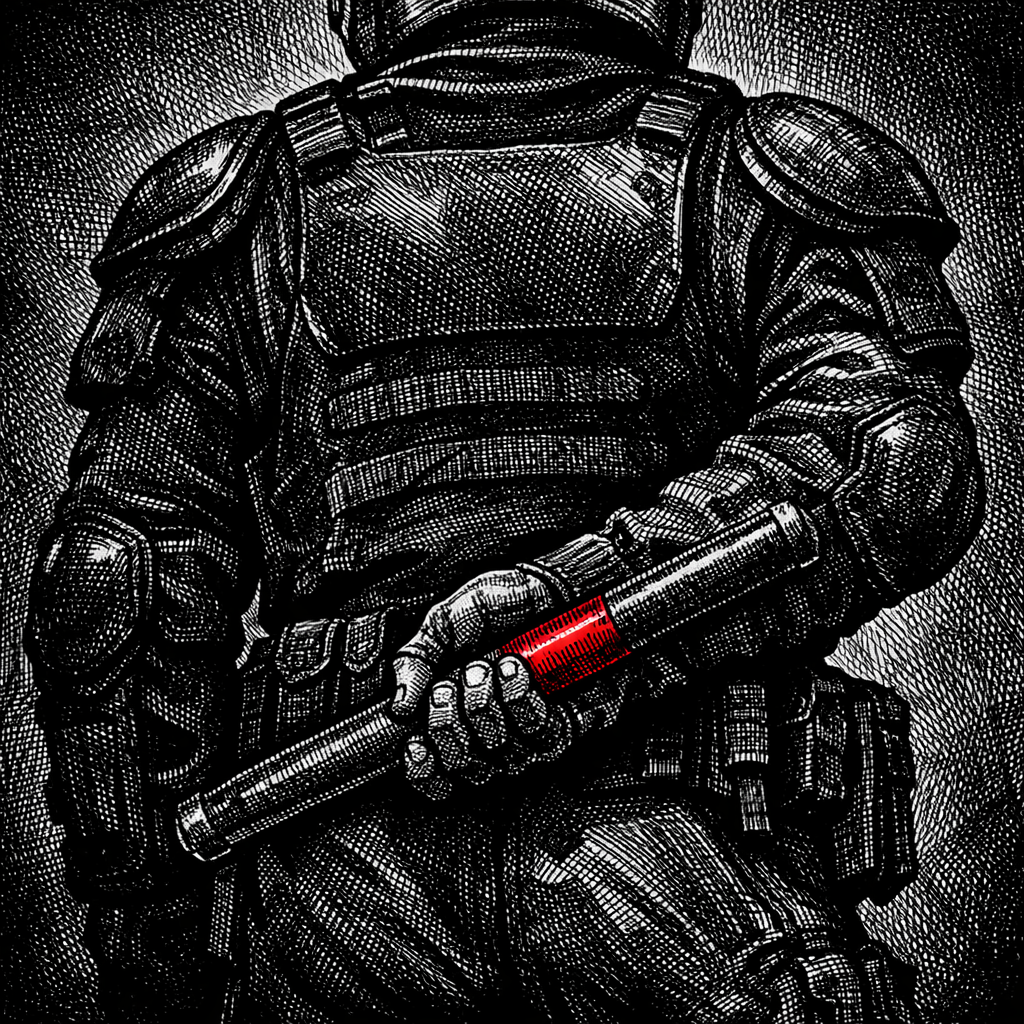 Woodcut-style illustration of a clone Soldier in black riot gear, baton visible behind his back