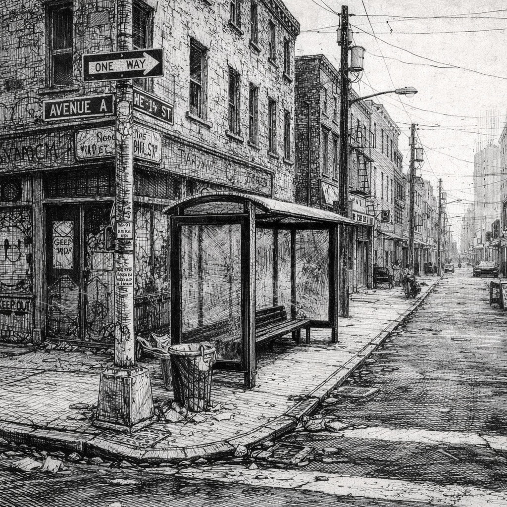 Woodcut-style illustration of a 1990s New York City squat
occupied by crusties and punk squatters