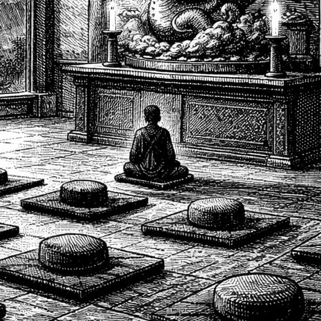 Woodcut-style illustration of lone monk in meditation at Shantideva University