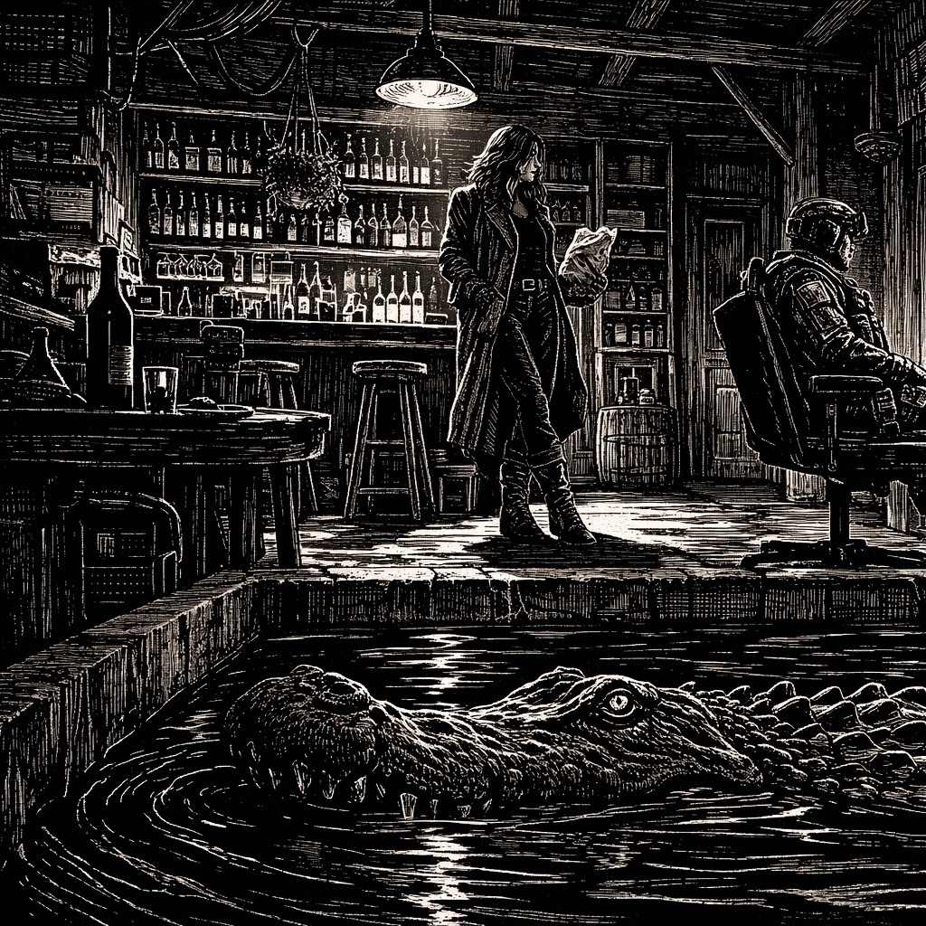 Woodcut-style illustration of Lynn108 in her lair with her boys The Clone Soldier and Burt the alligator