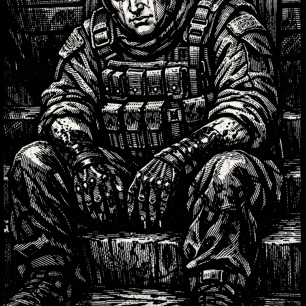 Woodcut-style illustration of a clone Soldier in black riot gear crying