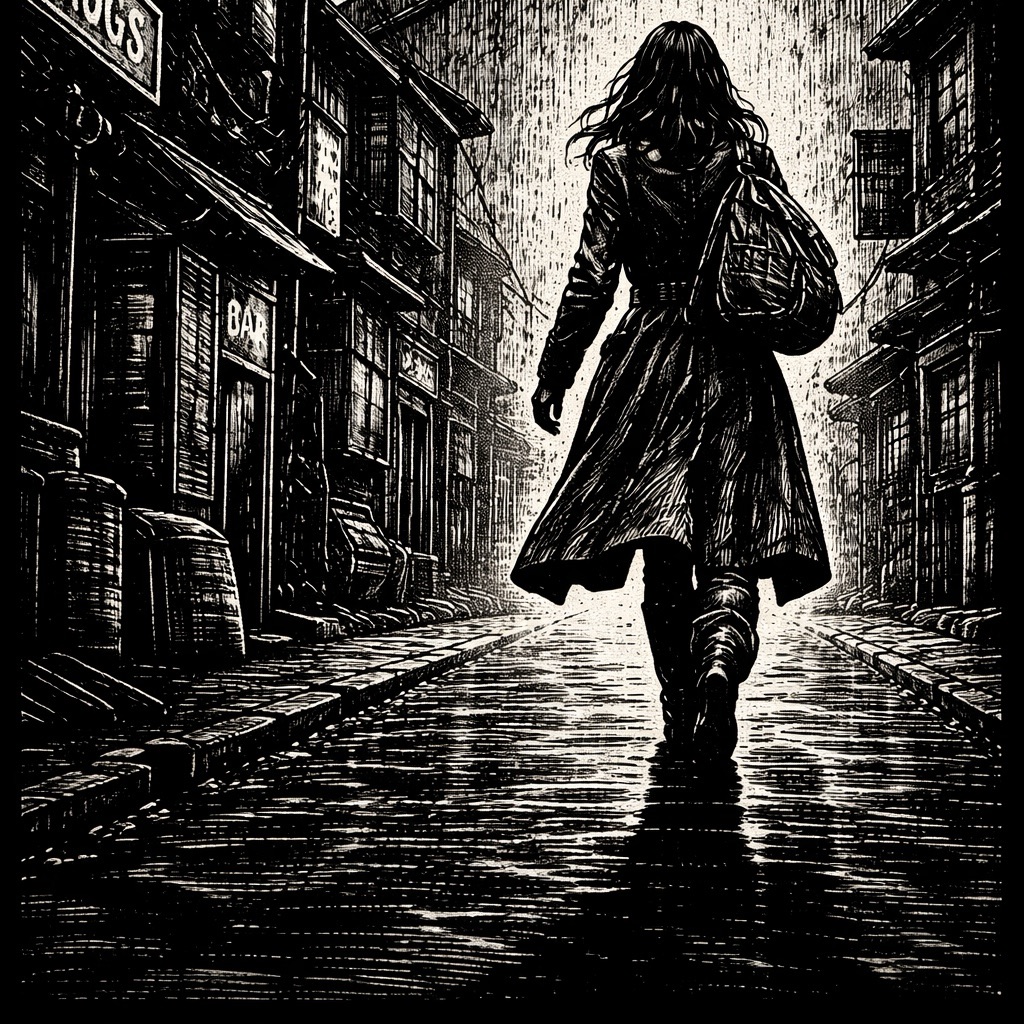 Woodcut-style illustration of Lynn108 walking the streets of
the Southwest Rim at night.