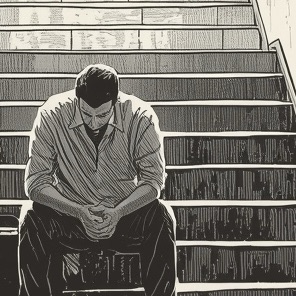 Woodcut-style illustration of men in a dimly lit
1990s homeless shelter