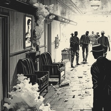 Woodcut-style illustration of men in a dimly lit
1990s homeless shelter
