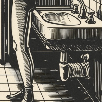 Woodcut-style illustration of men in a dimly lit
1990s homeless shelter