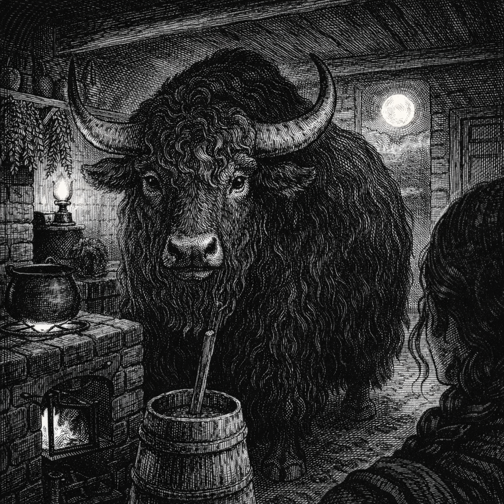 A massive yak stands impossibly inside a small farmhouse kitchen, lit by butter lamps, a girl beside it.