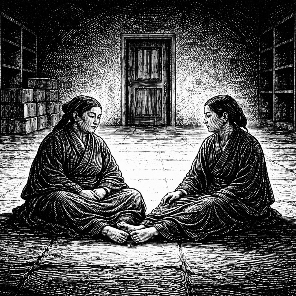Two nuns in dark robes sit on the floor of a bare stone room, facing each other, their feet nearly touching.