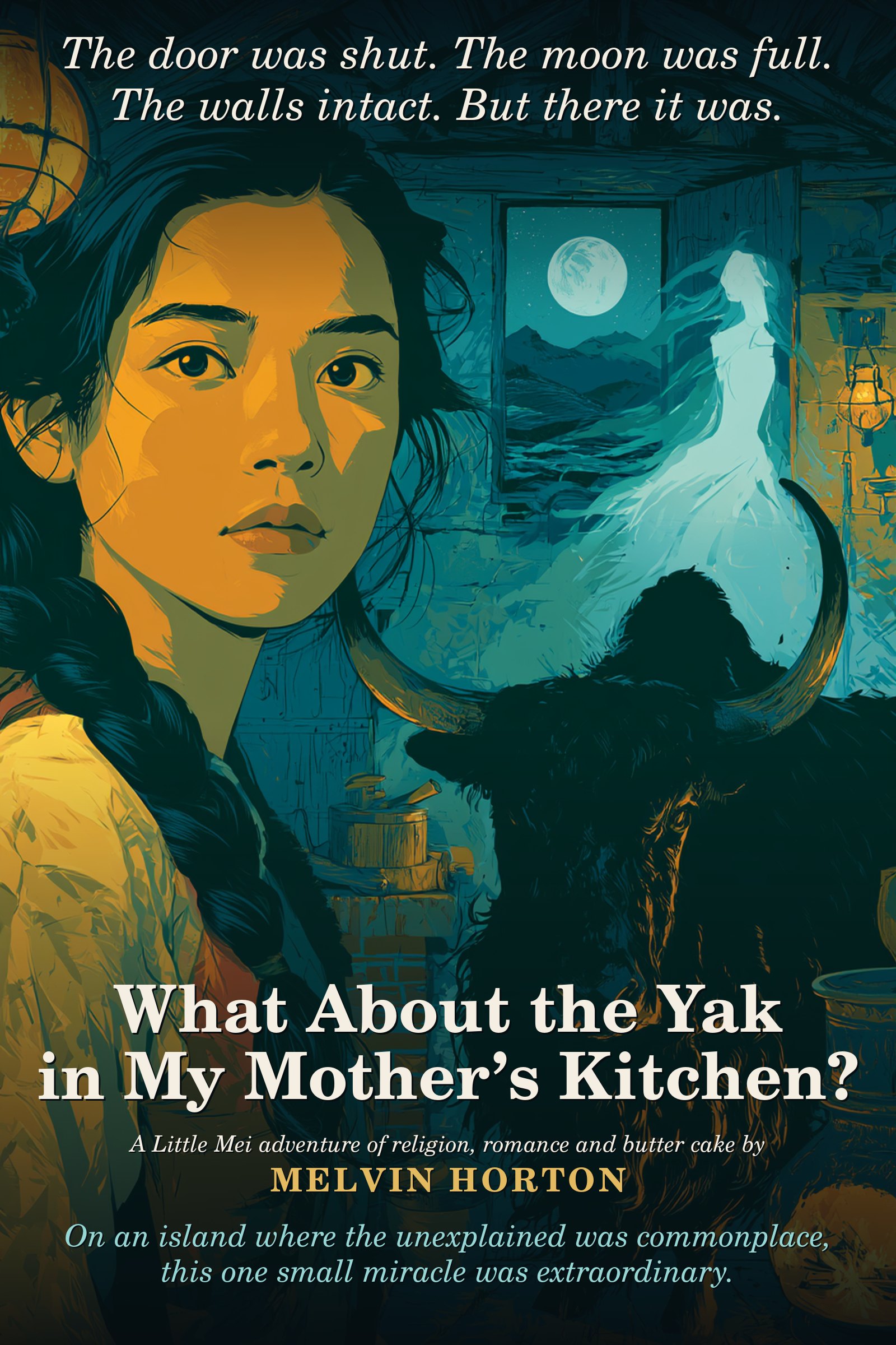 Cover for "The Yak in My Mother's Kitchen": a stocky Tibetan farm girl beside a great yak in moonlit teal light.