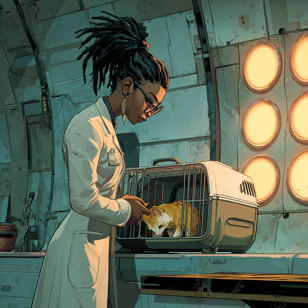 Caroline, a scientist in a lab coat and glasses with long locs, reaches into an open pet carrier on the bench as her cat steps out; round panel lights glow on the wall behind her.