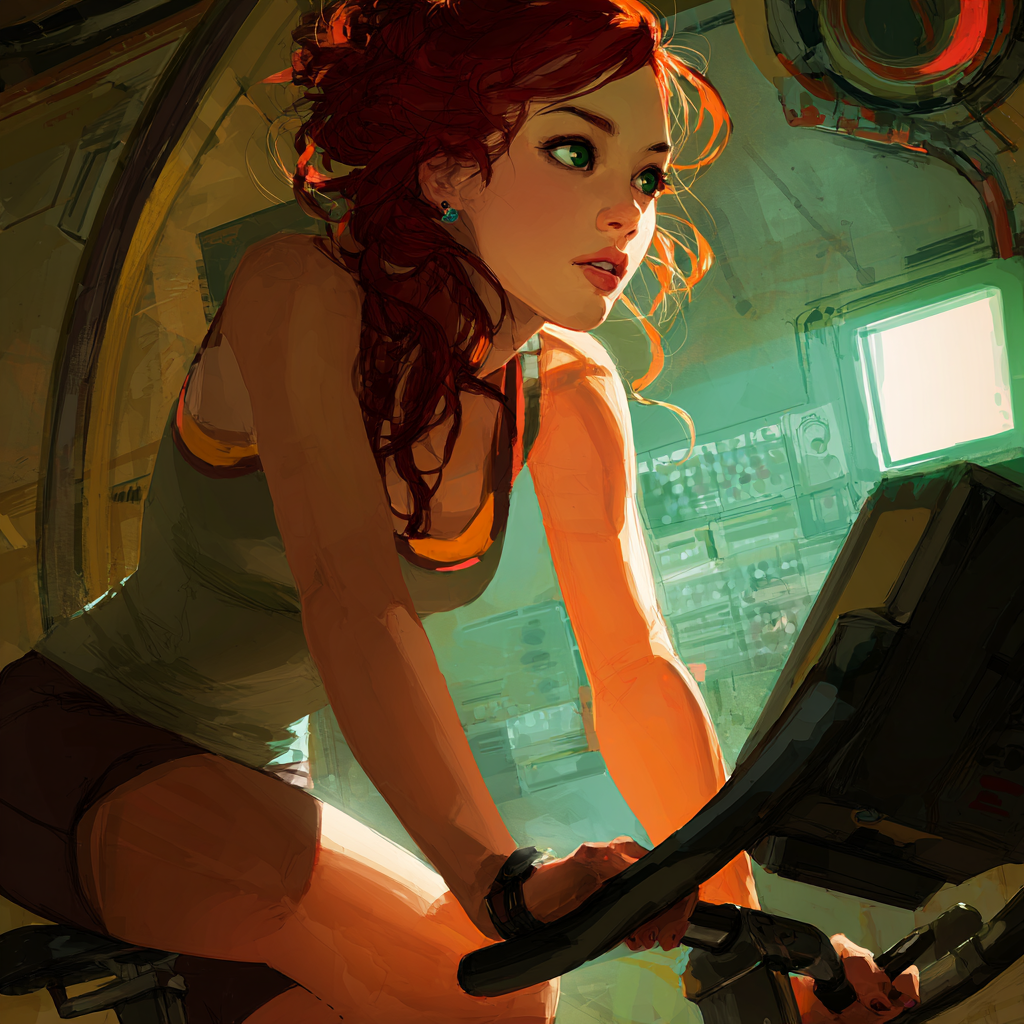 A red-haired woman in a tank top grips the controls at a console, glancing back over her shoulder in a cramped, dimly lit ship interior.